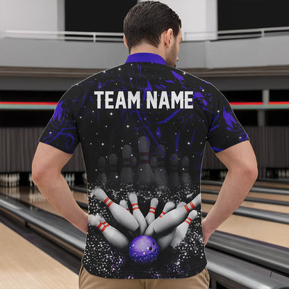 Personalized Black and Purple Camo Bowling Polo, Quarter Zip Shirts For Men Custom Bowling Team Jersey NQS9687