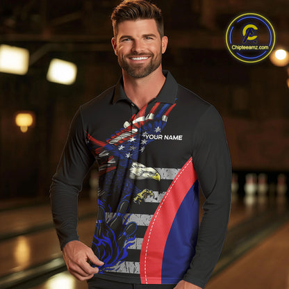 Eagle American Flag Custom Flame Bowling Team Shirts For Men, Patriotic Bowling Uniform NQS9971