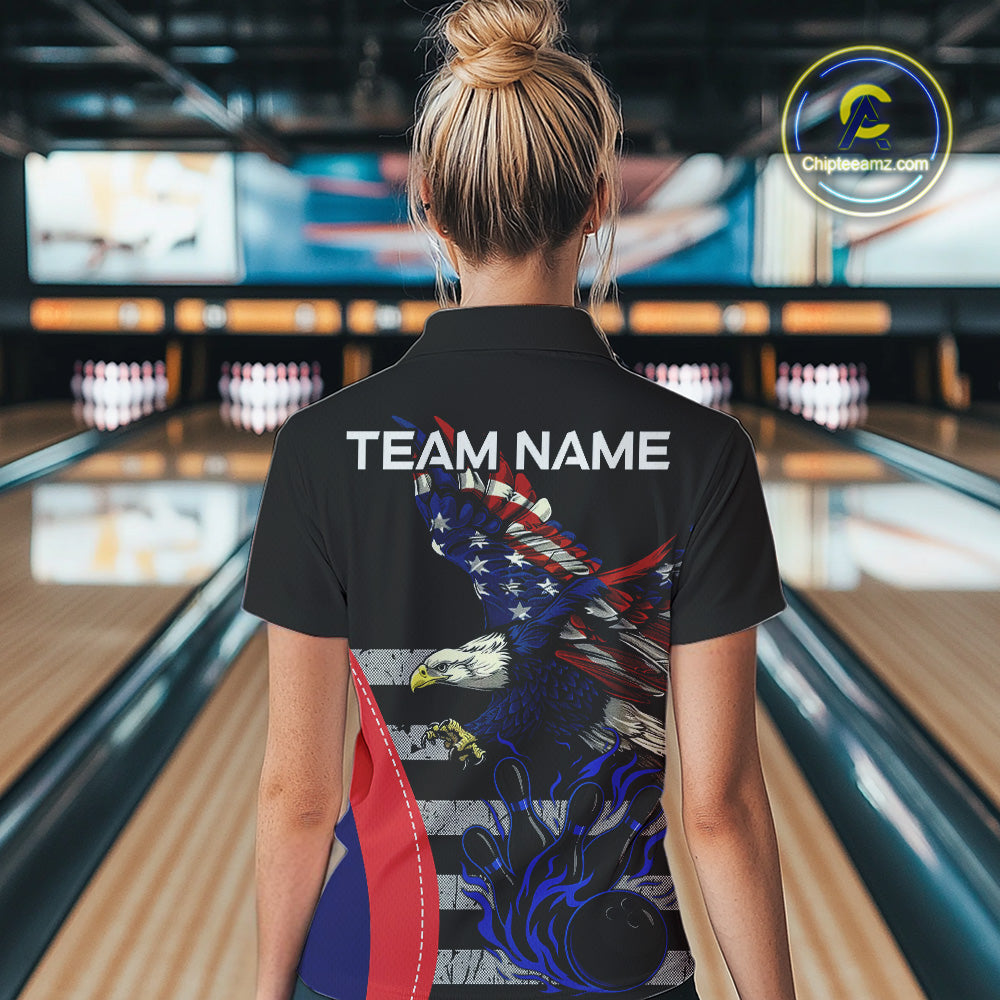 Eagle American Flag Custom Flame Bowling Team Shirts For Women, Patriotic Bowling Uniform NQS9971
