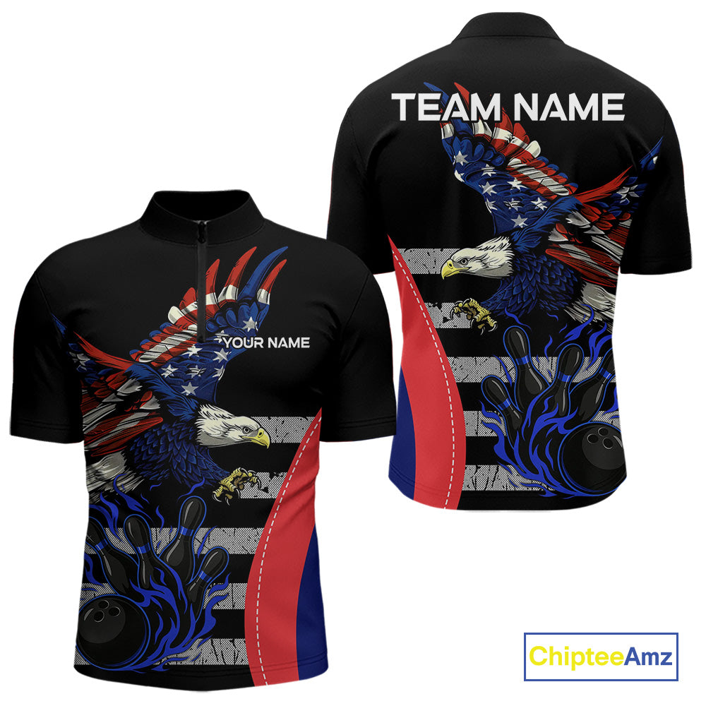 Eagle American Flag Custom Flame Bowling Team Shirts For Men, Patriotic Bowling Uniform NQS9971