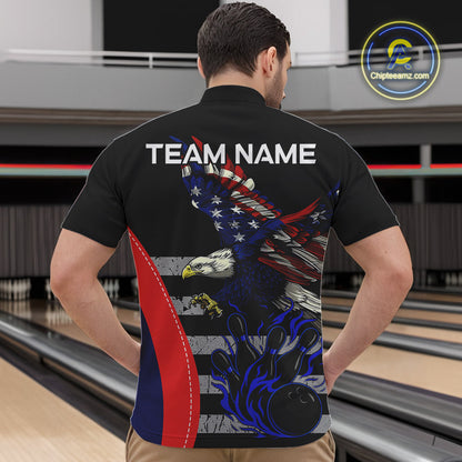 Eagle American Flag Custom Flame Bowling Team Shirts For Men, Patriotic Bowling Uniform NQS9971