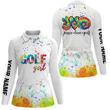 Load image into Gallery viewer, Womens golf polo shirts custom name watercolor peace love golf, personalized golf shirt for women NQS5744