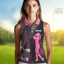 Load image into Gallery viewer, Black and pink Women Sleeveless polo shirt custom golf clubs team golf shirts, golf tops for ladies NQS10117