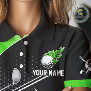 Black and Green Fire golf ball custom Women golf polo shirt, personalized ladies golf outfit for team NQS10123