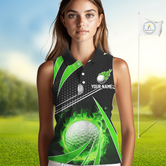 Black and Green Fire golf ball custom Women sleeveless polo shirt, personalized golf outfits for team NQS10123