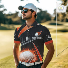 Load image into Gallery viewer, Black and Orange Fire golf ball custom Men golf polo shirts, personalized golf outfits for team men NQS10124