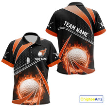 Load image into Gallery viewer, Black and Orange Fire golf ball custom Kid golf polo shirts, personalized kid golf outfits for team NQS10124