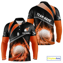 Load image into Gallery viewer, Black and Orange Fire golf ball custom Men golf polo shirts, personalized golf outfits for team men NQS10124
