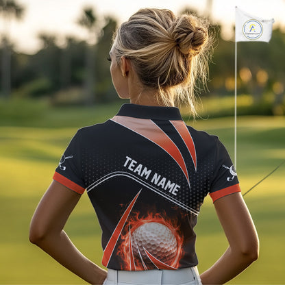 Black & Orange Fire golf ball custom Women golf polo shirt, personalized ladies golf outfit for team NQS10124