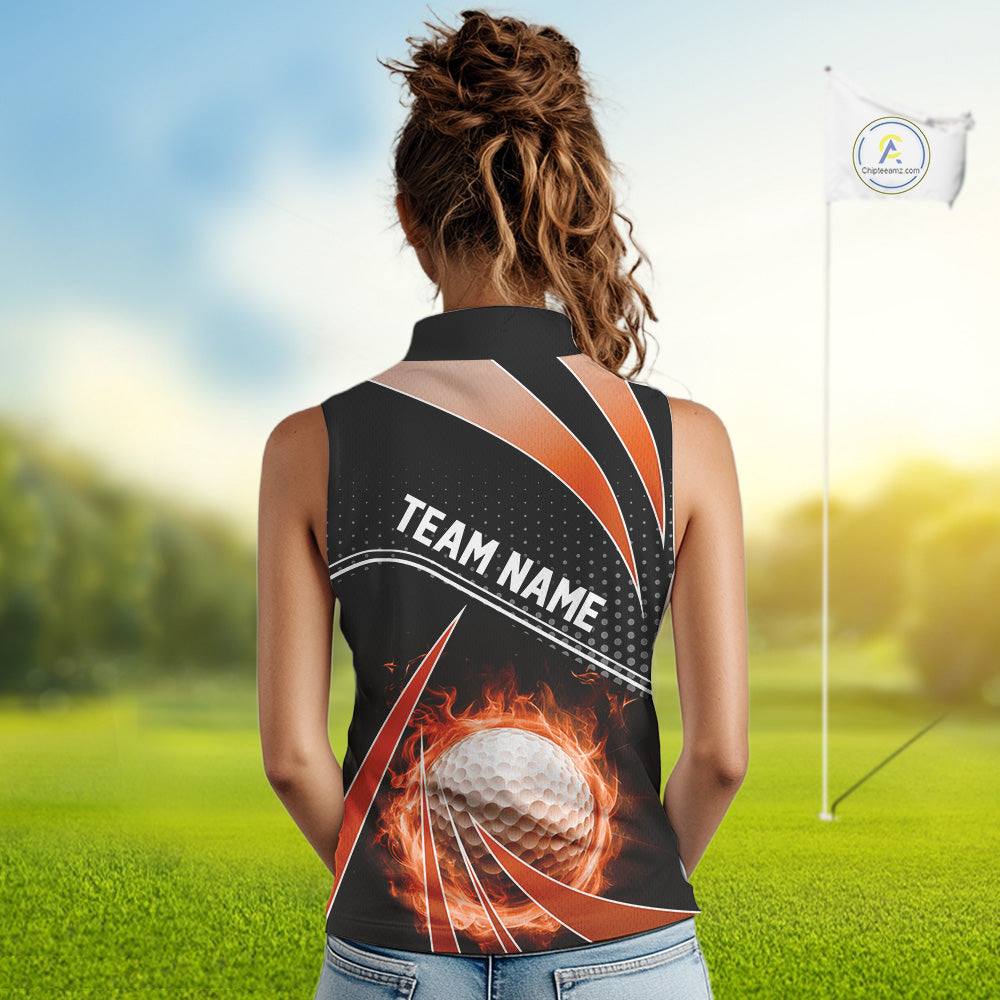 Black and Orange Fire golf ball custom Women sleeveless polo shirt, personalized golf outfit for team NQS10124