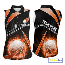 Load image into Gallery viewer, Black and Orange Fire golf ball custom Women sleeveless polo shirt, personalized golf outfit for team NQS10124