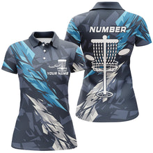 Load image into Gallery viewer, Blue camo Disc golf basket custom team disc golf polo shirt for women, disc golf attire NQS8059