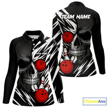 Load image into Gallery viewer, Black and White Skull Bowling Polo, Quarter Zip shirts for Women Custom Skull Team Bowling Jerseys NQS10261