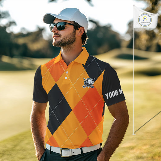 Mens golf polos shirts custom orange and black golf argyle plaid pattern Halloween golf gifts NQS10654