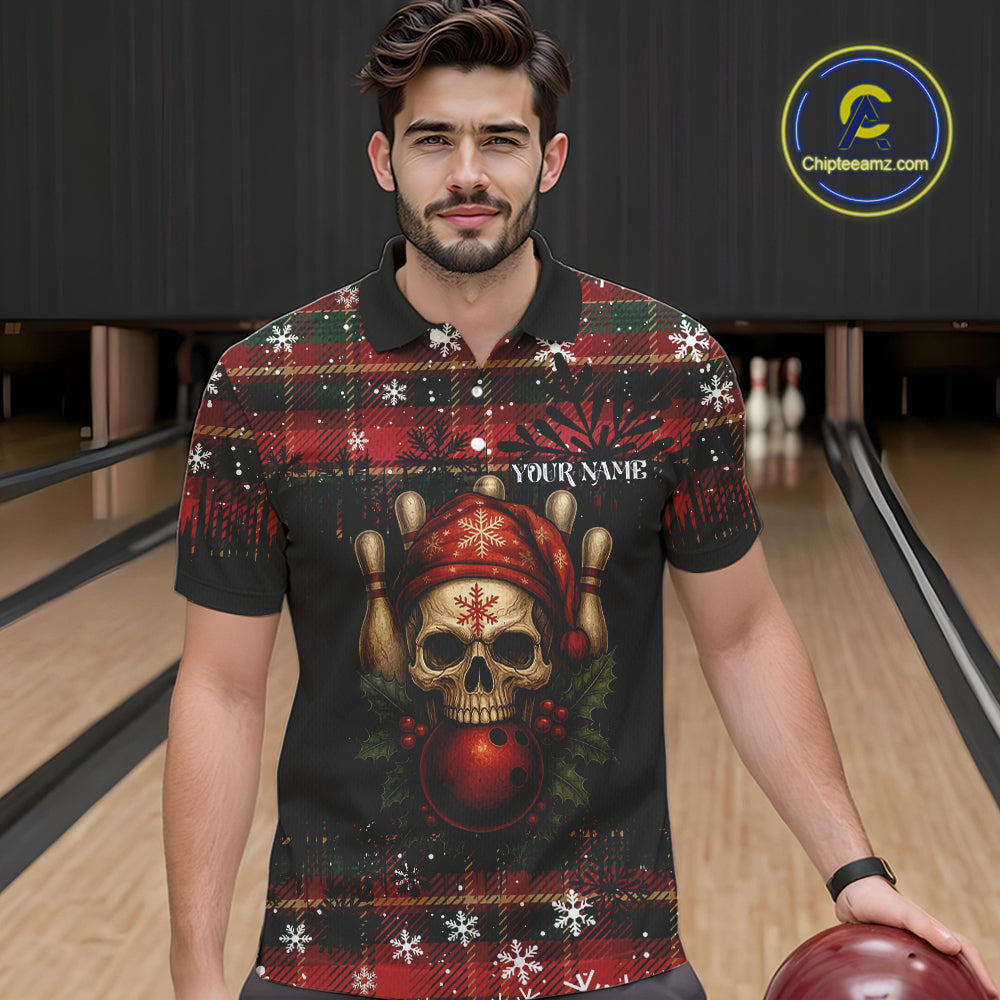 Black & Red Plaid Christmas pattern Skull Bowling Shirts For Men Custom Team Bowling outfit jerseys NQS11057