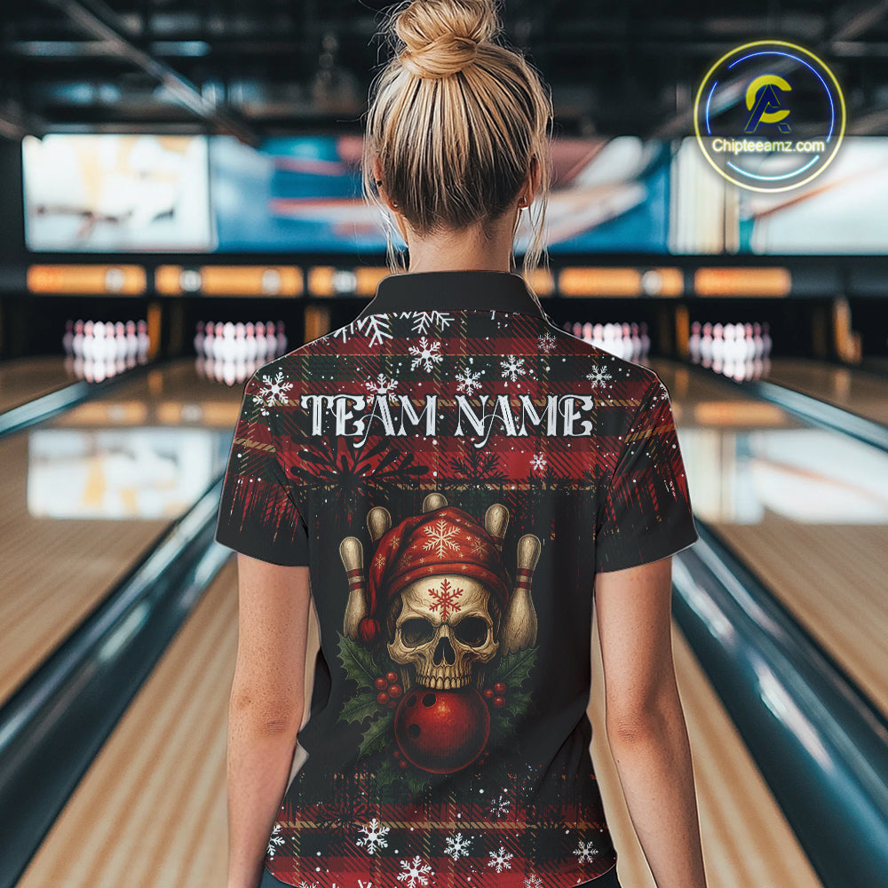 Black & Red Plaid Christmas pattern Skull Bowling Shirts For Women Custom Team Bowling outfit jersey NQS11057