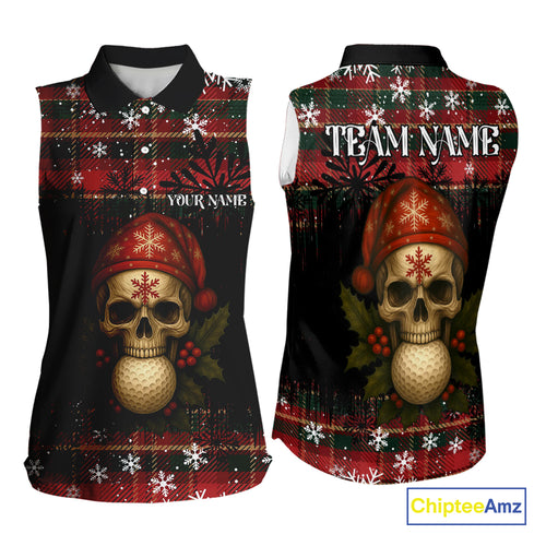 Black and Red Plaid Christmas pattern Skull Sleeveless Polo Shirt Custom Ladies Golf outfits NQS11058