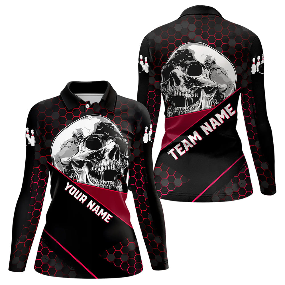 Black And Red Skull Bowling Shirts For Women Custom Bowling Team League Jersey, Gift For Bowlers NQS9386