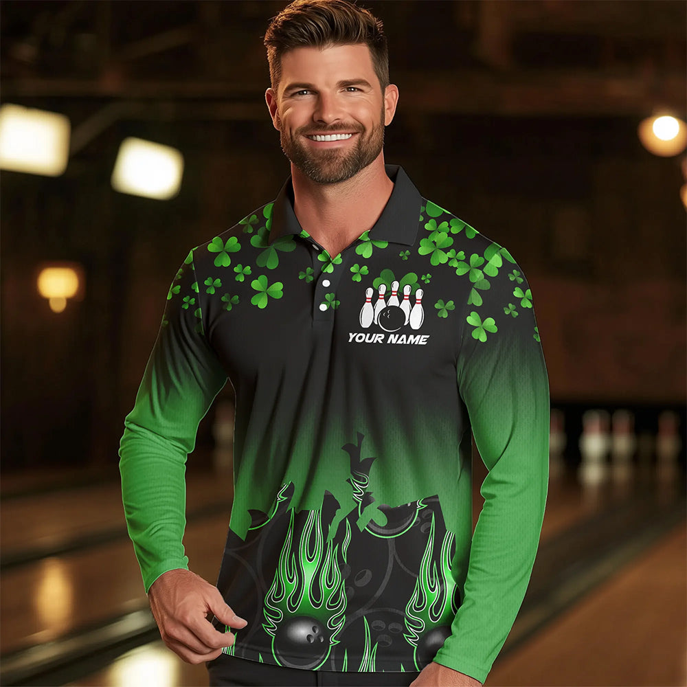 Green shamrock Flame bowling shirts for men Custom St Patrick Day black team league bowling jerseys NQS9390