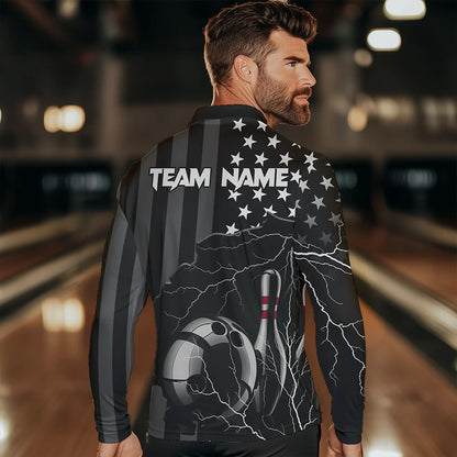 Personalized Black American flag Lightning thunder Custom Bowling Team Shirts For Mens Bowling Jersey NQS9538