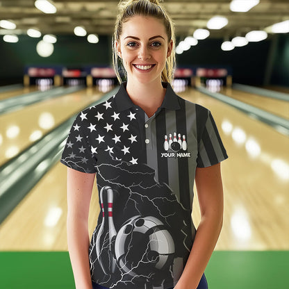 Personalized Black American flag Lightning thunder Custom Bowling Team Shirts For Women Bowling Jersey NQS9538