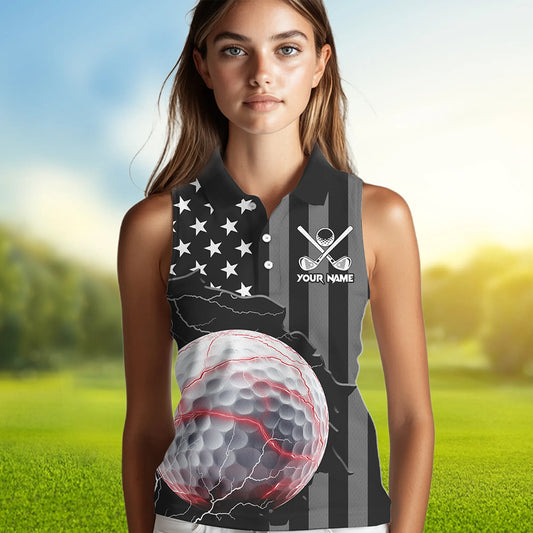 Personalized Black American flag Lightning thunder Custom Golf sleeveless polo Team Shirts For Women NQS9540