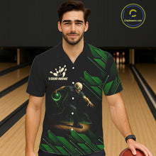 Load image into Gallery viewer, Black &amp; Green Camo Skull Lightning Bowling Hawaiian shirt Custom Team bowling button-up shirt NQS11657