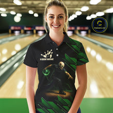 Load image into Gallery viewer, Black &amp; Green Camo Skull Lightning Bowling Polo, 1/4 zip shirts for Women Custom Team bowling Jersey NQS11657