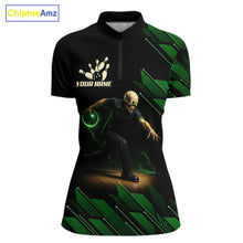 Load image into Gallery viewer, Black &amp; Green Camo Skull Lightning Bowling Polo, 1/4 zip shirts for Women Custom Team bowling Jersey NQS11657