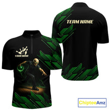 Load image into Gallery viewer, Black and Green Camo Skull Lightning Bowling Polo, 1/4 zip shirts for Men Custom Team bowling Jersey NQS11657