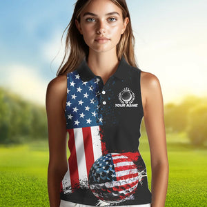 Black American Flag Women Sleeveless Polo Shirt Custom Golf attire for ladies, patriotic golf gifts NQS9696