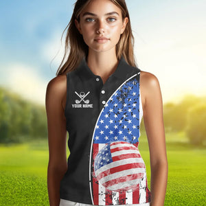 Personalized Black Camo Womens golf shirts sleeveless Custom American Flag patriotic golf shirt outfit NQS9698
