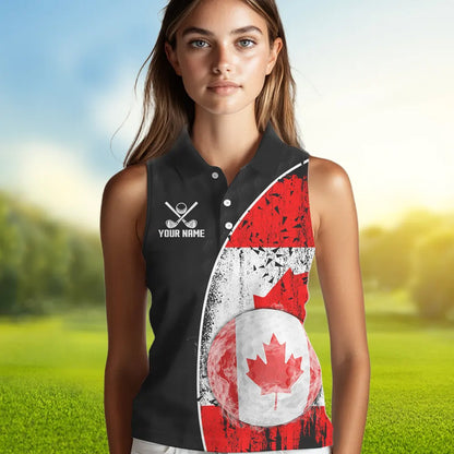 Personalized Black Camo Womens golf shirts sleeveless Custom Canadian Flag patriotic golf shirt outfit NQS9699