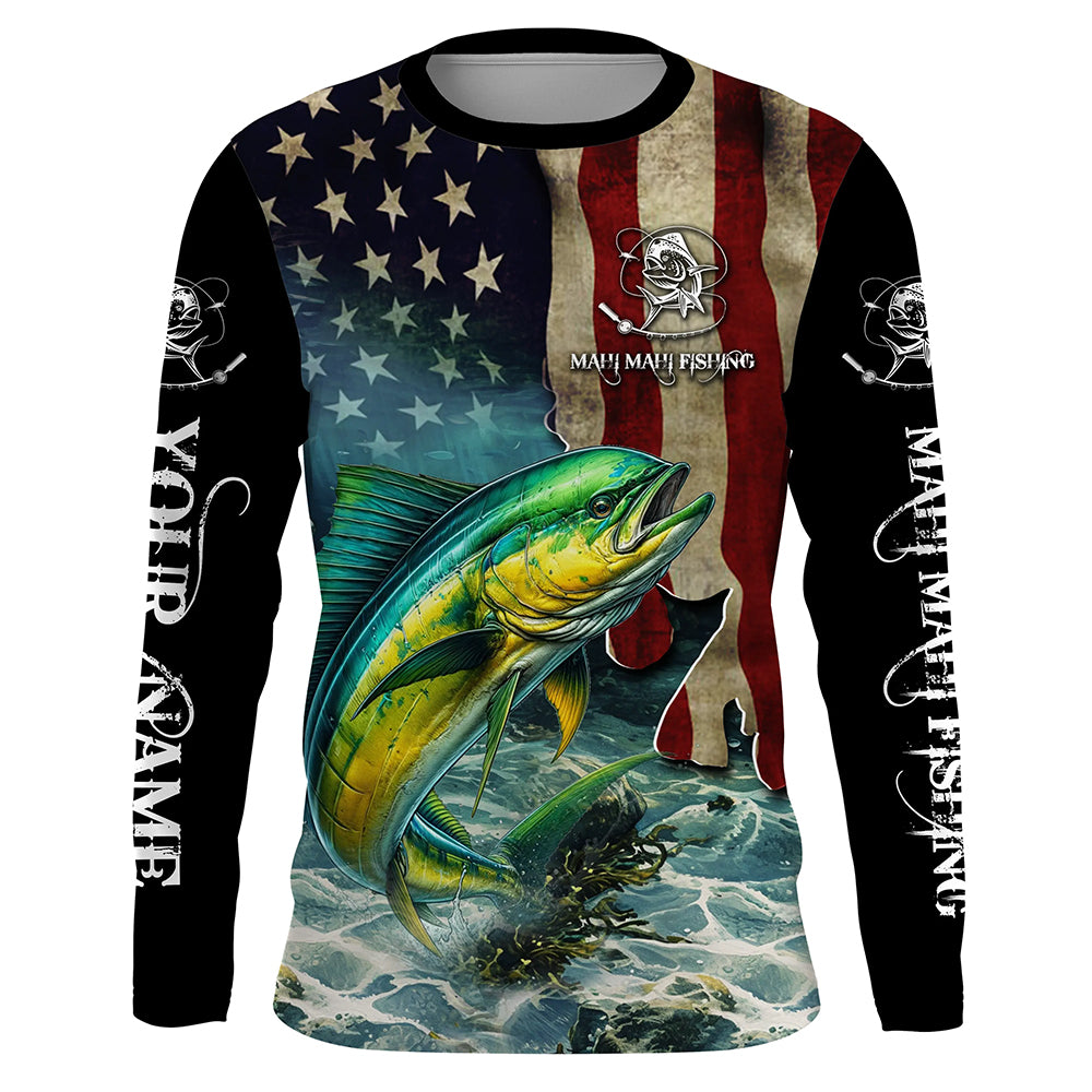 Mahi Mahi ( Dorado) Fishing 3D American Flag Patriotic Customize name All over print fishing shirts NQS468