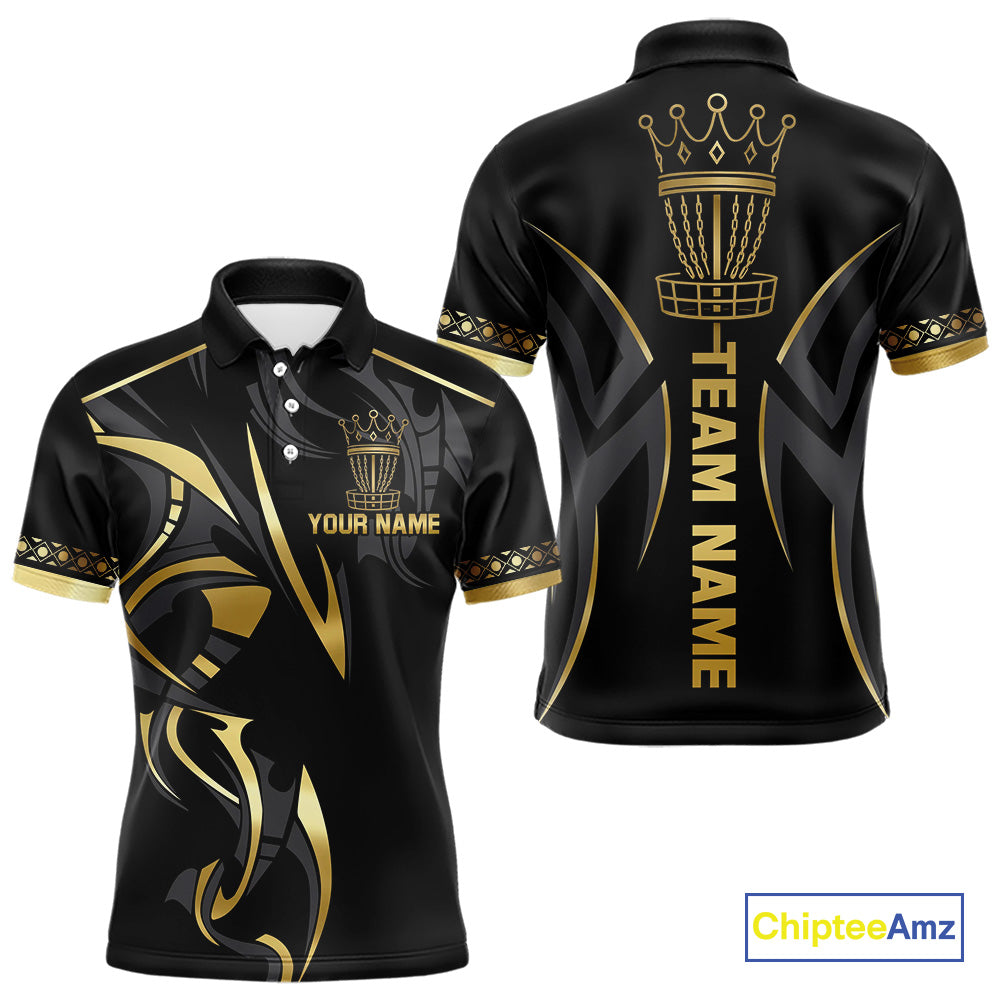 Black and Gold crown Disc golf polo shirts for Mens Custom Disc Golf Team jerseys, disc golf gifts NQS10126