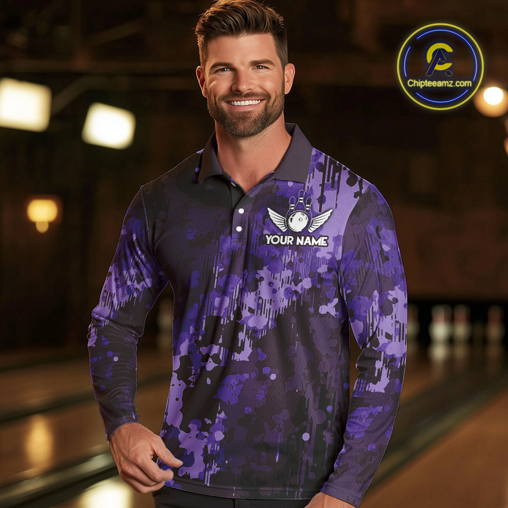 Purple Camo Bowling Polo, Quarter Zip Shirts For Men Custom Bowling Team Jerseys, Gift For Bowlers NQS10455