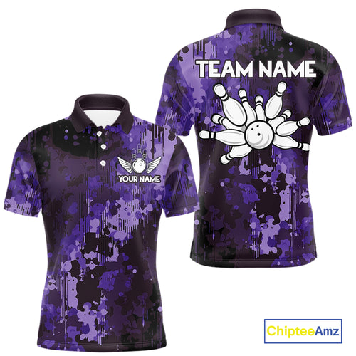 Purple Camo Bowling Polo, Quarter Zip Shirts For Men Custom Bowling Team Jerseys, Gift For Bowlers NQS10455