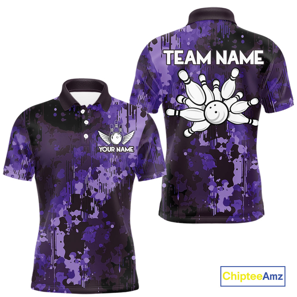 Purple Camo Bowling Polo, Quarter Zip Shirts For Men Custom Bowling Team Jerseys, Gift For Bowlers NQS10455