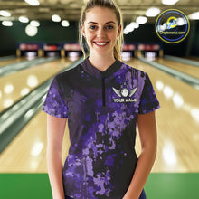 Load image into Gallery viewer, Purple Camo Bowling Polo, Quarter Zip Shirts For Women Custom Bowling Team Jerseys, Gift For Bowlers NQS10455