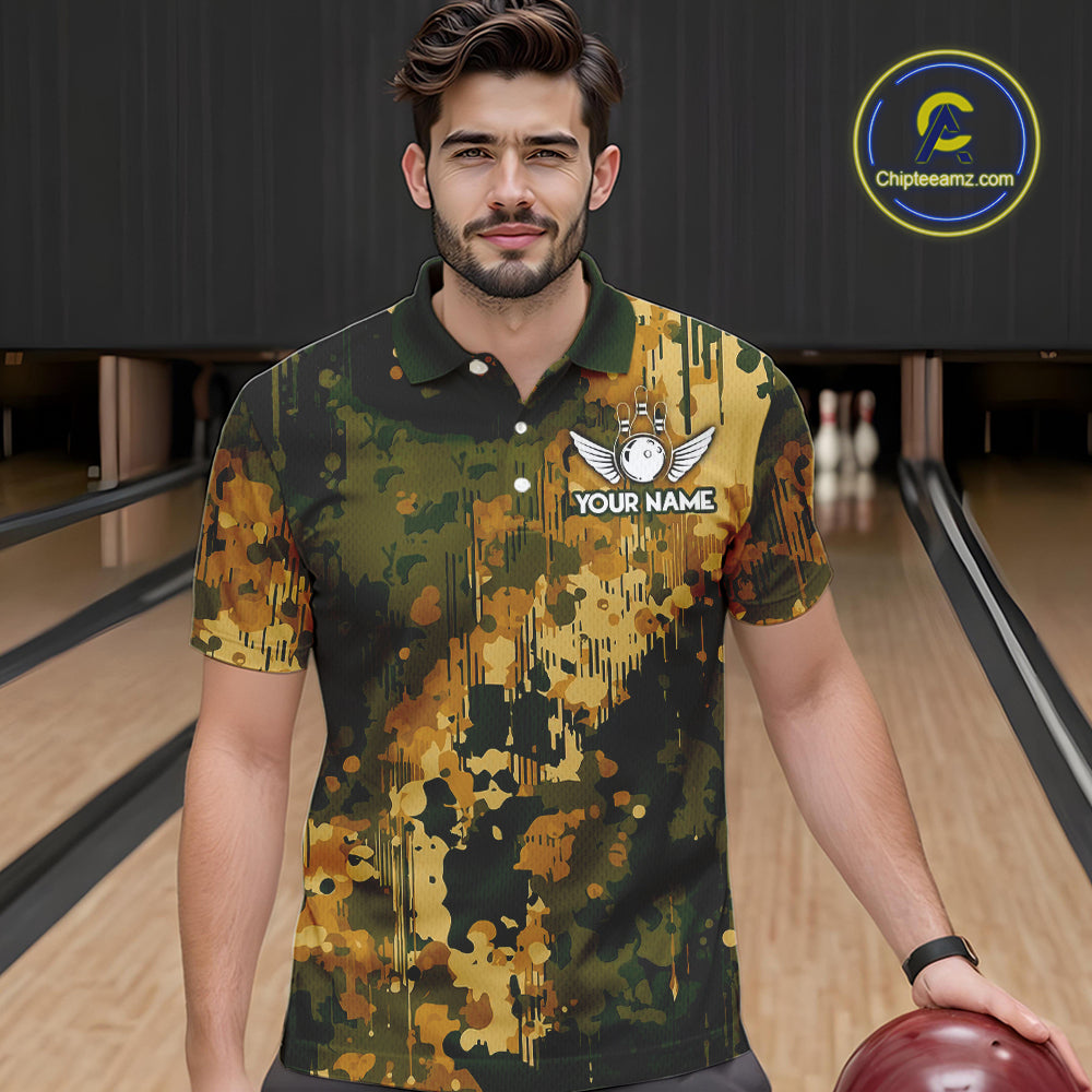 Yellow Camo Bowling Polo, Quarter Zip Shirts For Men Custom Bowling Team Jerseys, Gift For Bowlers NQS10456