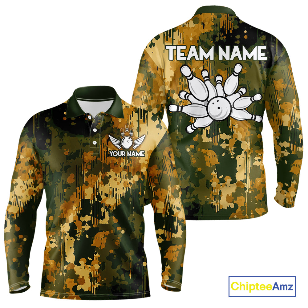 Yellow Camo Bowling Polo, Quarter Zip Shirts For Men Custom Bowling Team Jerseys, Gift For Bowlers NQS10456