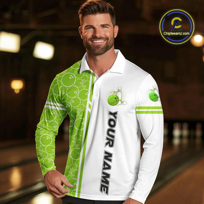 Men Bowling Polo, 1/4 Zip Shirt Custom white & green camo vintage bowling shirts, mens bowling jersey NQS10457