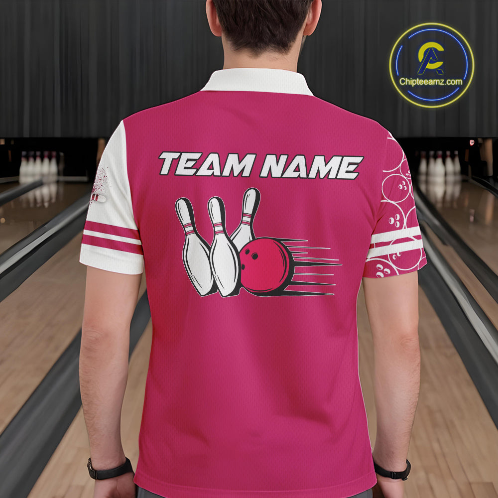 Men Bowling Polo, 1/4 Zip Shirt Custom white & pink camo vintage bowling shirts, mens bowling jersey NQS10458