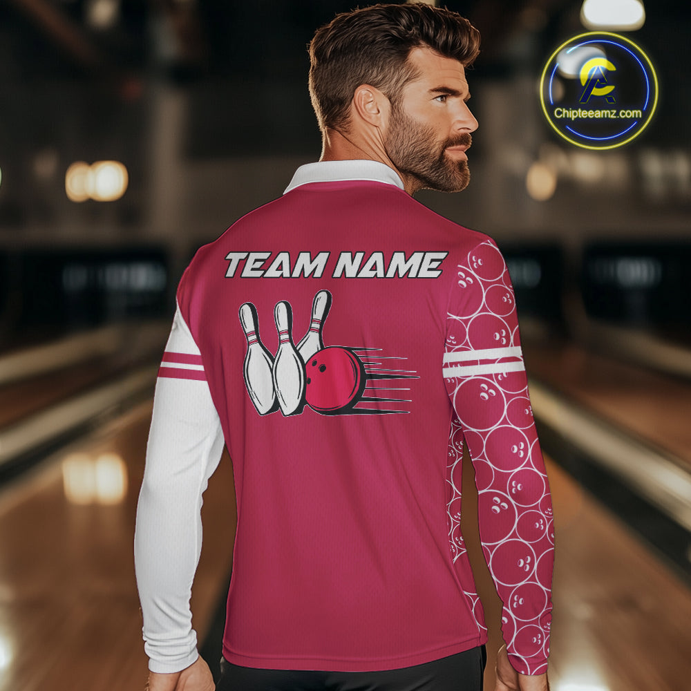 Men Bowling Polo, 1/4 Zip Shirt Custom white & pink camo vintage bowling shirts, mens bowling jersey NQS10458
