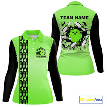Load image into Gallery viewer, Personalized Black and Green Retro Bowling Polo, Quarter Zip Team Shirt For Women Custom Bowling Gift NQS10460