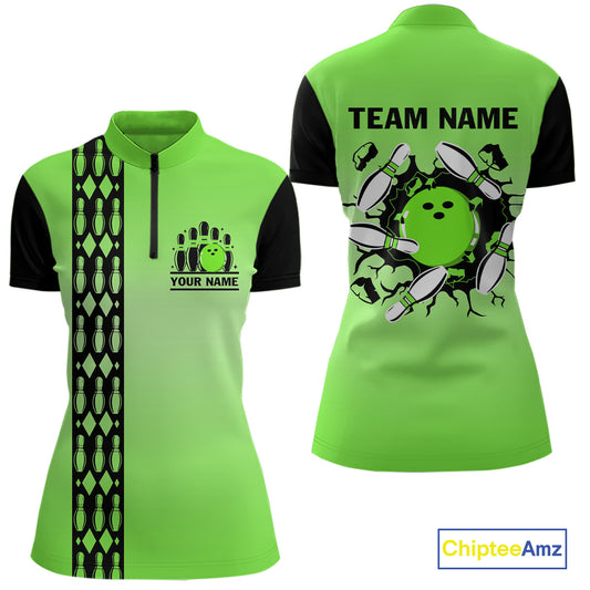 Personalized Black and Green Retro Bowling Polo, Quarter Zip Team Shirt For Women Custom Bowling Gift NQS10460