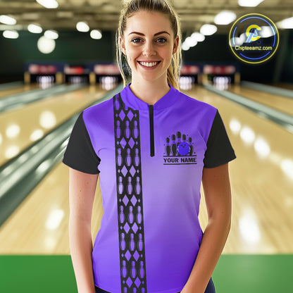 Personalized Black & Purple Retro Bowling Polo, Quarter Zip Team Shirt For Women Custom Bowling Gift NQS10461