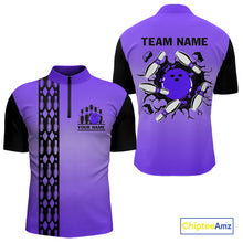 Load image into Gallery viewer, Personalized Black and Purple Retro Bowling Polo, Quarter Zip Team Shirt For Men Custom Bowling Gifts NQS10461