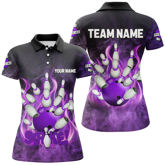 Purple Flame Strike Bowling Shirts For Women Custom Bowling Team League Jerseys, womens bowling shirts NQS8476