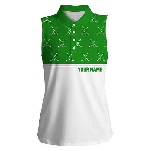 Green and White golf clubs pattern Women sleeveless polo shirt custom golf attire for ladies NQS8729